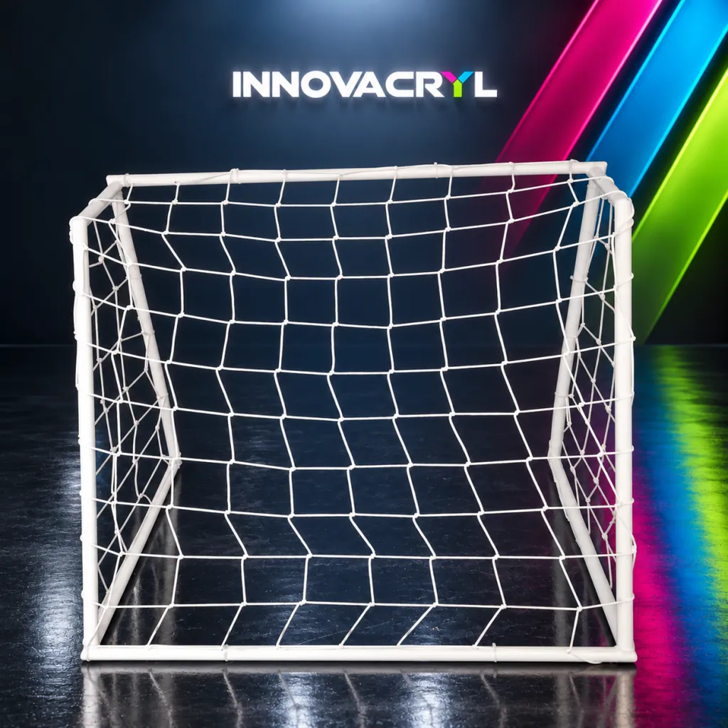 Arco de microfútbol con su malla blanca, en estudio Innovacryl