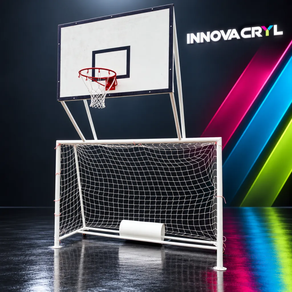 Cancha múltiple fija con tablero de baloncesto y arco de microfútbol, en estudio Innovacryl