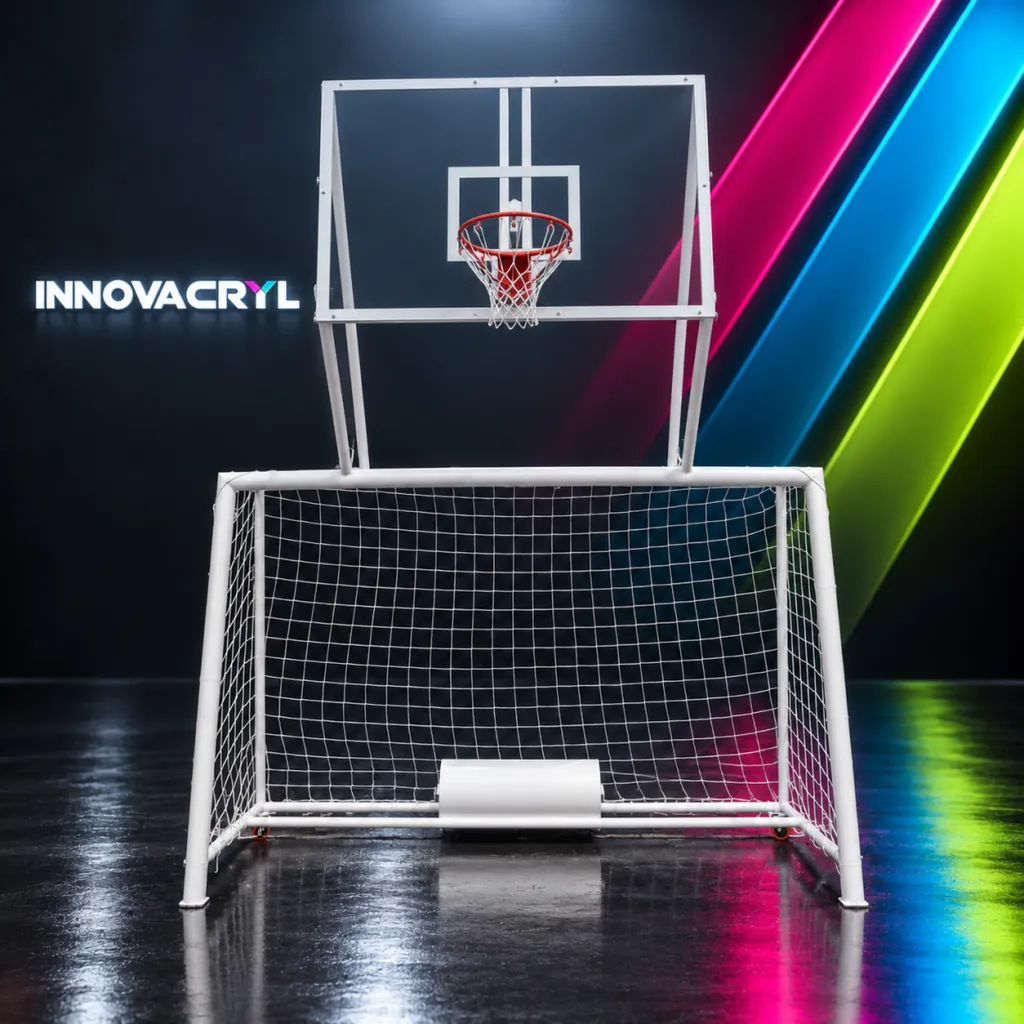 Cancha múltiple móvil con tablero de baloncesto y arco de microfútbol, en estudio Innovacryl