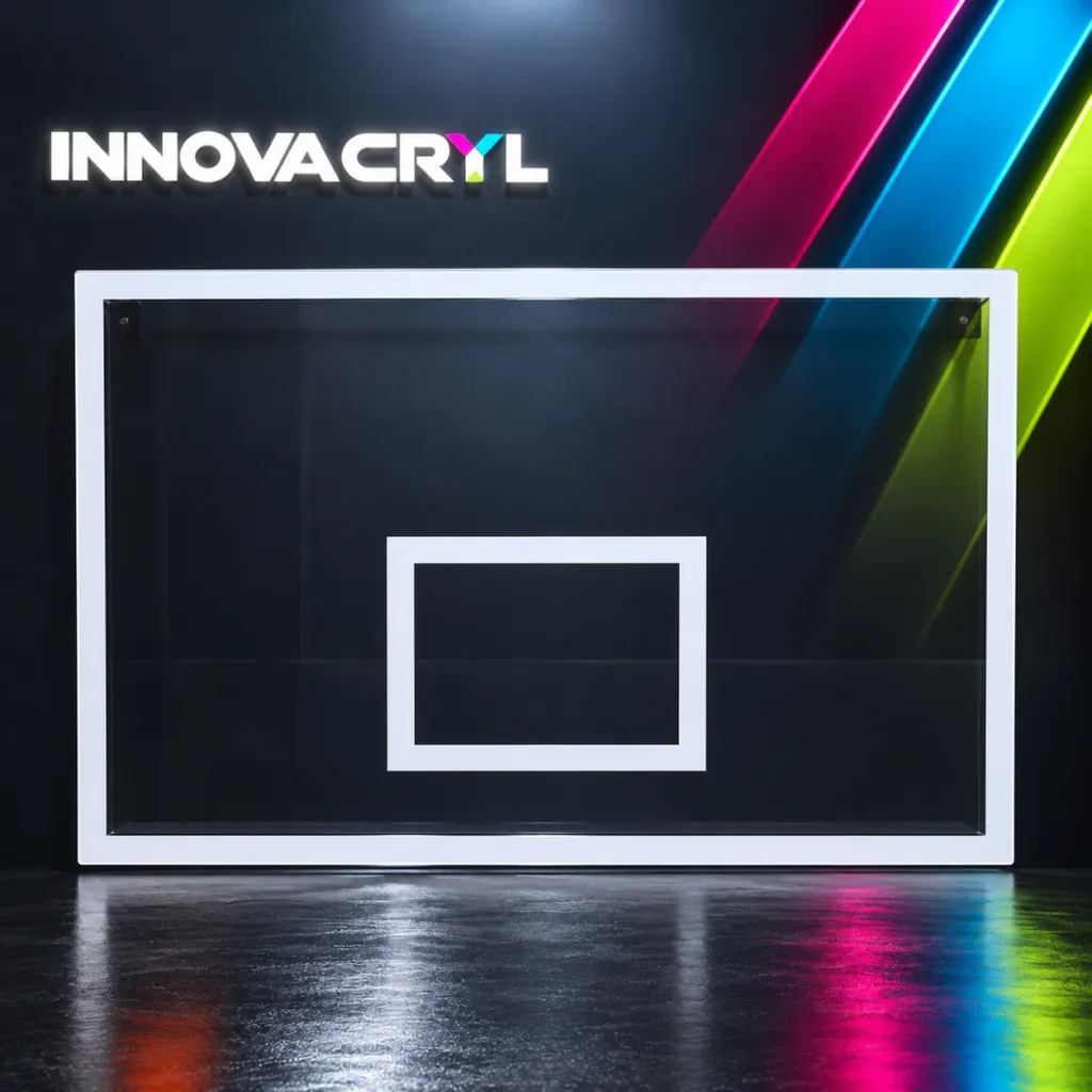 Tablero de baloncesto en acrílico recuperado con marco blanco, en estudio Innovacryl