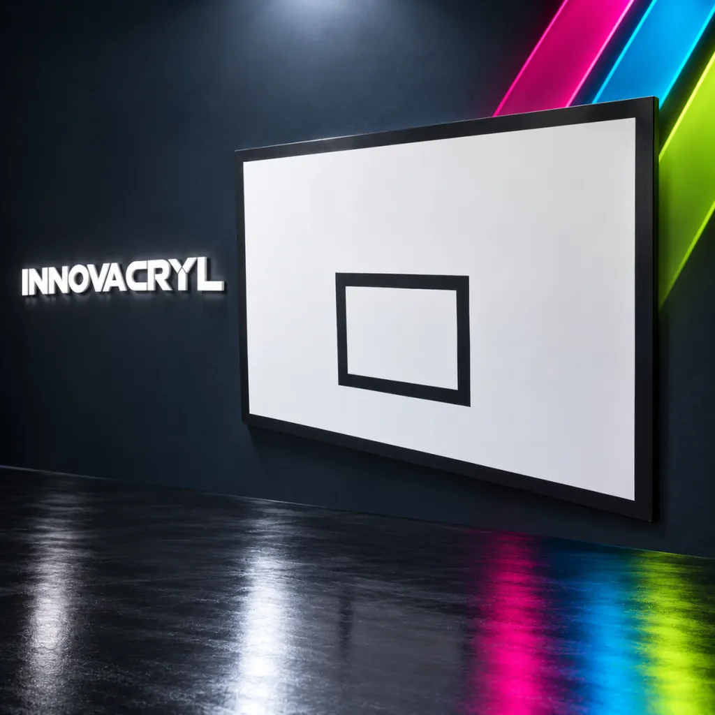 Tablero de baloncesto blanco en fibra de vidrio con delimitación negra, en estudio Innovacryl