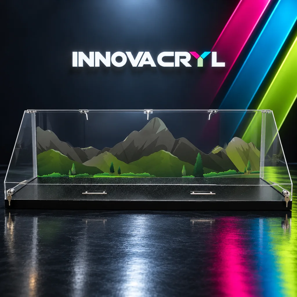 Vitrina de acrílico con maqueta de montañas, en estudio Innovacryl