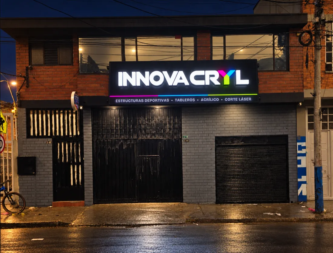 Fachada de la sede de Innovacryl en Puente Aranda, Bogotá, con el aviso nuevo (montaje)