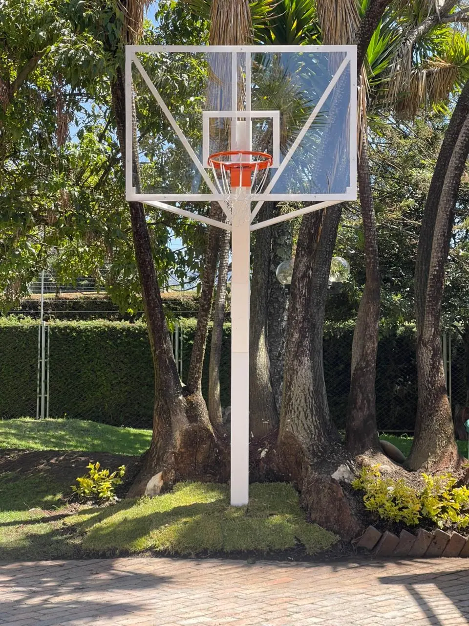 Cancha de baloncesto fija con poste central y tablero de acrílico